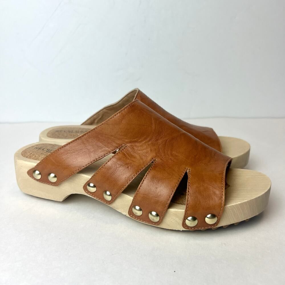 Kelsi Dagger Brooklyn Garden Heels Wood Clog Sandals Honey Tan Sz 7.5